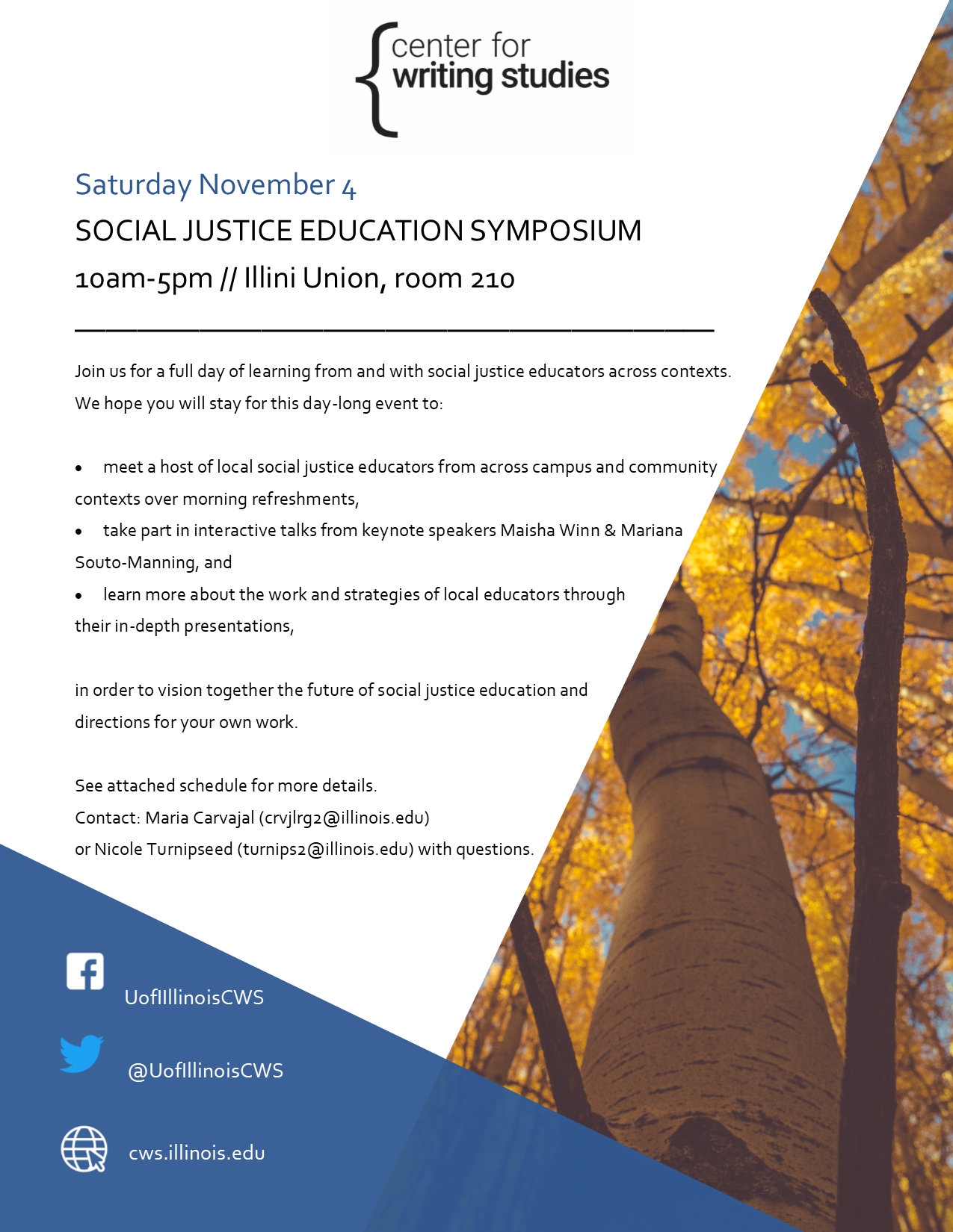 Event flyer with white, yellow, and blue background with autumnal trees in the right-hand frame of the flyer. Text that reads "Social Justice Education Symposium" with event description and contact information appears below.